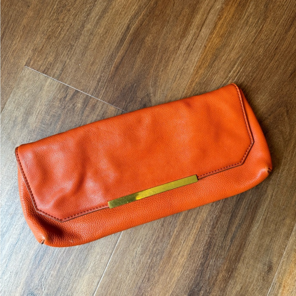 J. Crew Orange Leather Clutch with Gold Colored Closure